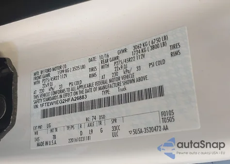 2017 Ford F-150 Limited z USA, uszkodzony, nr VIN 1FTEW1EG2HFA26883